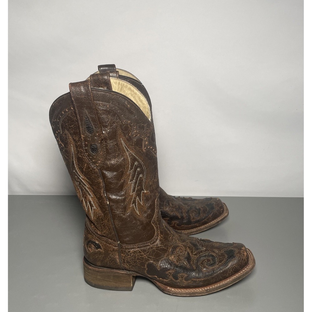 Corral Vintage Women Snake Inlay Distress Leather Western Boots Square Toe 8.5M